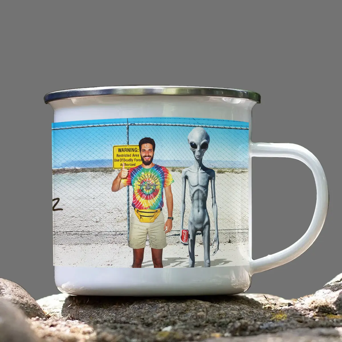 Personalized 1990s Area 51 Alien Camping Mug | Custom Face in Funny Retro Vacation Pic, 90s Kitsch Enamel Mug 2 Personalized 1990s Area 51 Alien Camping Mug Custom Face in Funny Retro Vacation Pic, 90s Kitsch Enamel Mug