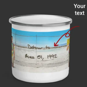 Personalized 1990s Area 51 Alien Camping Mug Custom Face in Funny Retro Vacation Pic, 90s Kitsch Enamel Mug