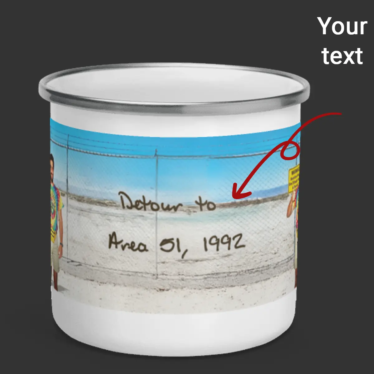 Personalized 1990s Area 51 Alien Camping Mug | Custom Face in Funny Retro Vacation Pic, 90s Kitsch Enamel Mug 3 Personalized 1990s Area 51 Alien Camping Mug Custom Face in Funny Retro Vacation Pic, 90s Kitsch Enamel Mug