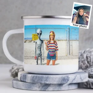 Personalized 1990s Area 51 Alien Camping Mug Custom Face in Funny Retro Vacation Pic, 90s Kitsch Enamel Mug