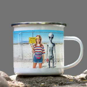 Personalized 1990s Area 51 Alien Camping Mug Custom Face in Funny Retro Vacation Pic, 90s Kitsch Enamel Mug