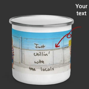 Personalized 1990s Area 51 Alien Camping Mug Custom Face in Funny Retro Vacation Pic, 90s Kitsch Enamel Mug