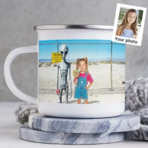 Personalized 1990s Area 51 Alien Camping Mug Custom Face in Funny Retro Vacation Pic, 90s Kitsch Enamel Mug