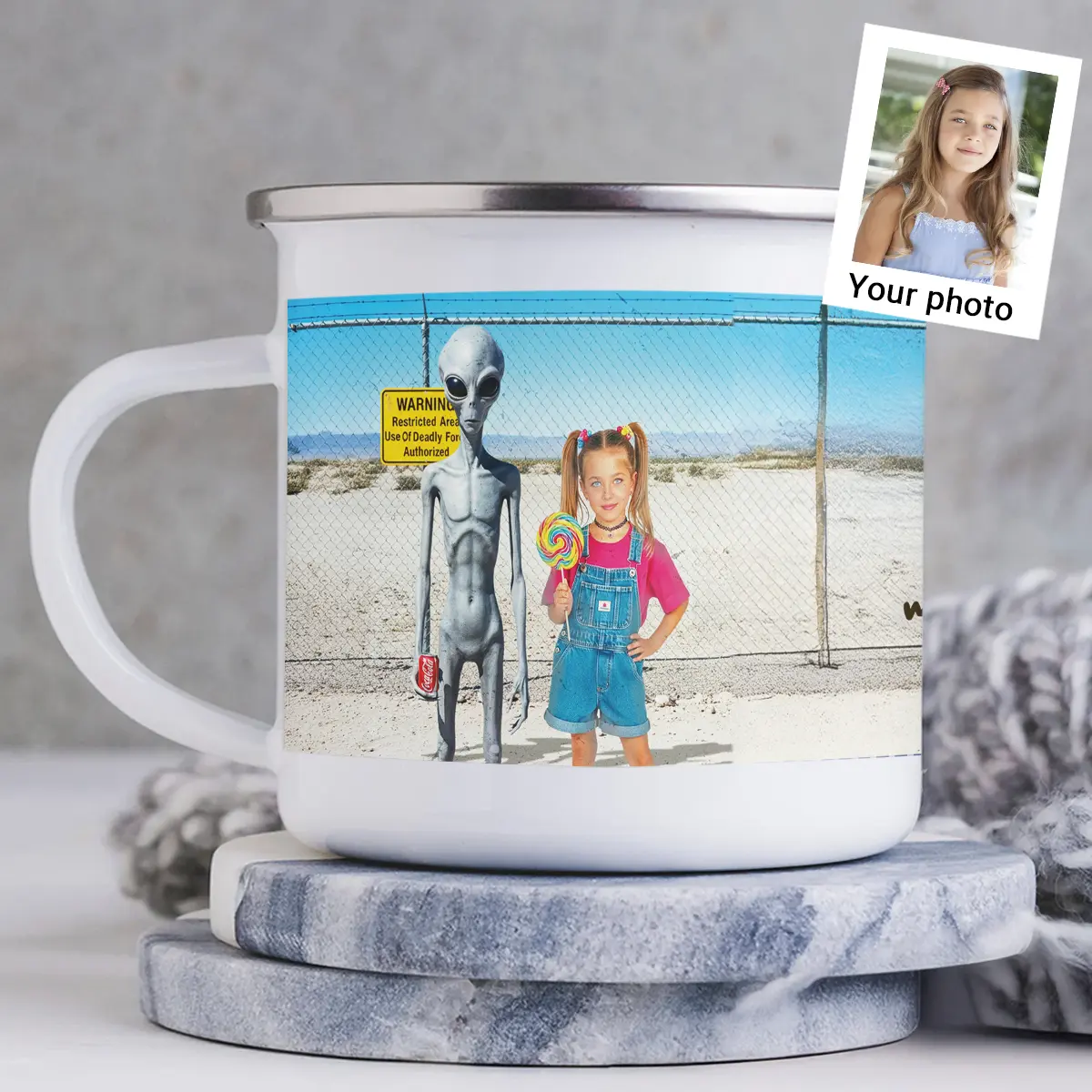 Personalized 1990s Area 51 Alien Camping Mug | Custom Face in Funny Retro Vacation Pic, 90s Kitsch Enamel Mug 7 Personalized 1990s Area 51 Alien Camping Mug Custom Face in Funny Retro Vacation Pic, 90s Kitsch Enamel Mug