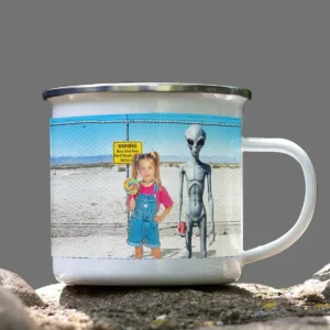 Personalized 1990s Area 51 Alien Camping Mug Custom Face in Funny Retro Vacation Pic, 90s Kitsch Enamel Mug