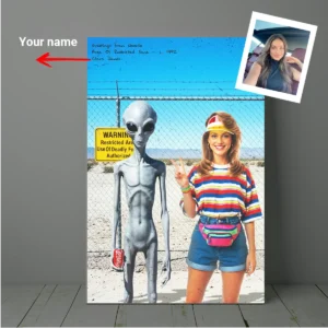 Personalized 1990s Area 51 Alien Canvas Custom Face in Funny Retro Vacation Pic, 90s Kitsch Art