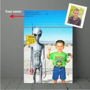 Personalized 1990s Area 51 Alien Canvas Custom Face in Funny Retro Vacation Pic, 90s Kitsch Art