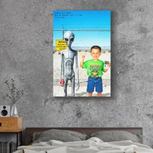 Personalized 1990s Area 51 Alien Canvas Custom Face in Funny Retro Vacation Pic, 90s Kitsch Art