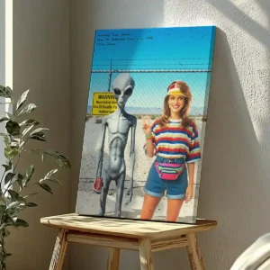 Personalized 1990s Area 51 Alien Canvas Custom Face in Funny Retro Vacation Pic, 90s Kitsch Art