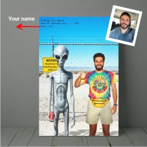 Personalized 1990s Area 51 Alien Canvas Custom Face in Funny Retro Vacation Pic, 90s Kitsch Art