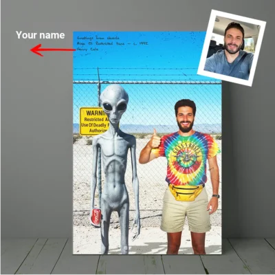 Personalized 1990s Area 51 Alien Canvas Custom Face in Funny Retro Vacation Pic, 90s Kitsch Art