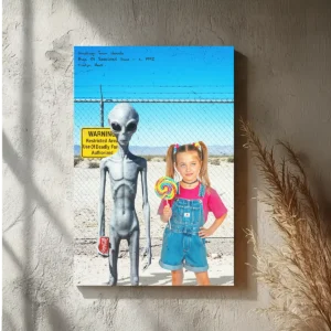 Personalized 1990s Area 51 Alien Canvas Custom Face in Funny Retro Vacation Pic, 90s Kitsch Art