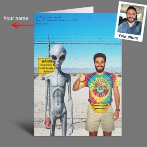 Personalized 1990s Area 51 Alien Card Custom Face in Funny Retro Vacation Pic, 90s Kitsch Greeting Card