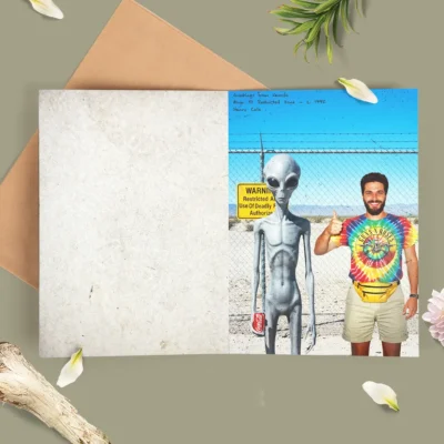 Personalized 1990s Area 51 Alien Card Custom Face in Funny Retro Vacation Pic, 90s Kitsch Greeting Card