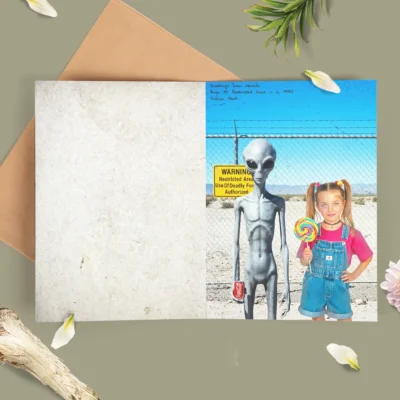 15+ Best Alien Christmas Gifts for a "Weird Little Christmas" 7 Personalized 1990s Area 51 Alien Card Custom Face in Funny Retro Vacation Pic, 90s Kitsch Greeting Card