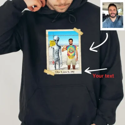 The Ultimate Alien Clothing Guide: 15+ Otherworldly Ideas 3 Personalized 1990s Area 51 Alien Hoodie Custom Face in Funny Retro Vacation Pic, 90s Kitsch Hooded Sweatshirt