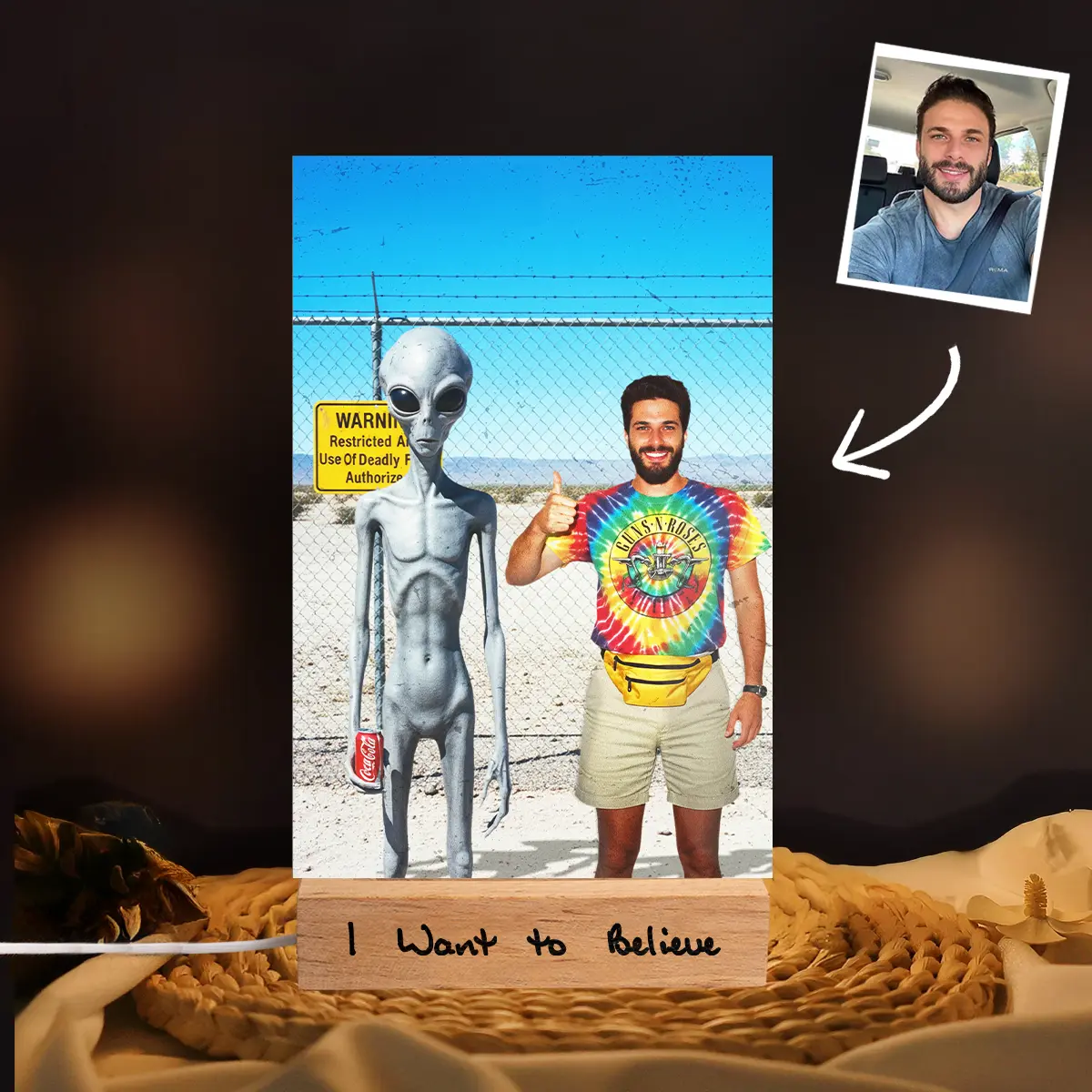 Personalized 1990s Area 51 Alien LED Lamp | Custom Face in Funny Retro Vacation Pic, 90s Kitsch Night Light 1 Personalized 1990s Area 51 Alien LED Lamp Custom Face in Funny Retro Vacation Pic, 90s Kitsch Night Light