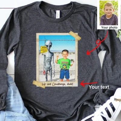 The Ultimate Alien Clothing Guide: 15+ Otherworldly Ideas 4 Personalized 1990s Area 51 Alien Long Sleeve Tee Custom Face in Retro Vacation Pic, 90s Kitsch Crewneck