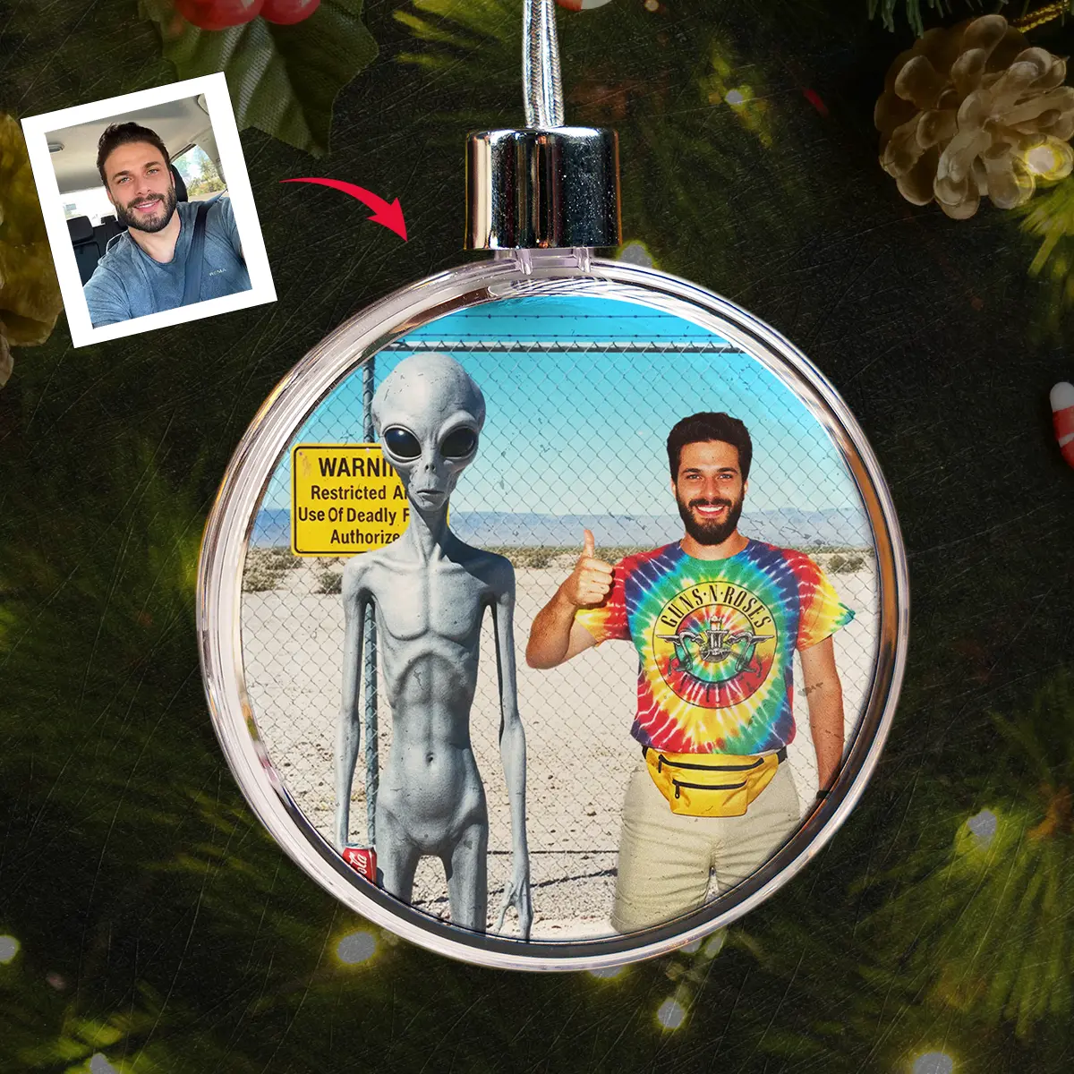 Personalized 1990s Area 51 Alien Ornament | Custom Face in Funny Retro Vacation Pic, 90s Kitsch Christmas Gift 10 Personalized 1990s Area 51 Alien Ornament Custom Face in Funny Retro Vacation Pic, 90s Kitsch Christmas Gift