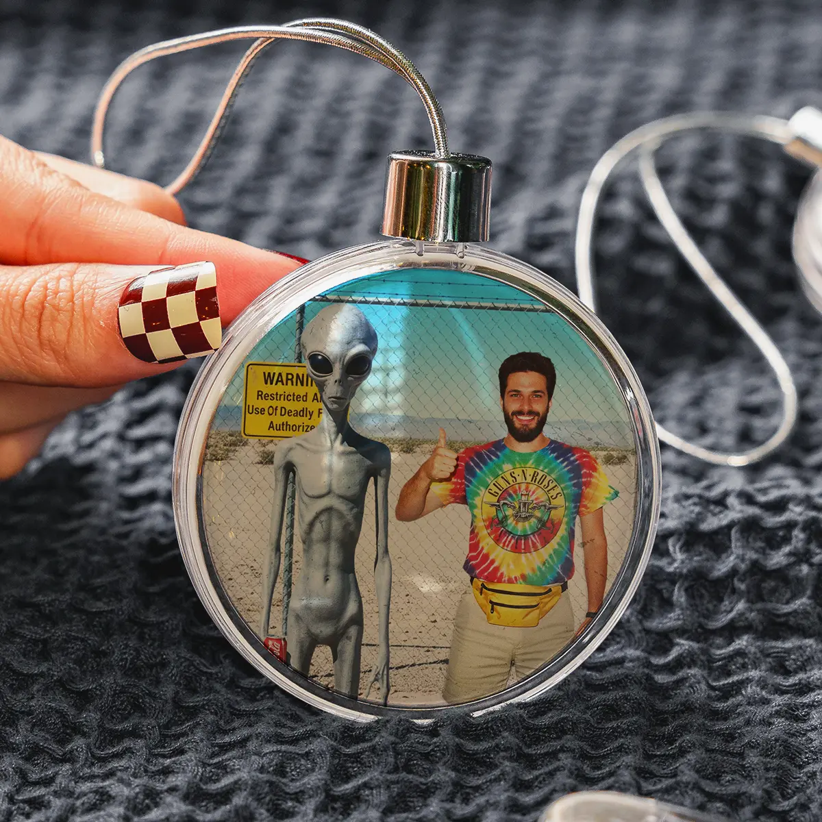 Personalized 1990s Area 51 Alien Ornament | Custom Face in Funny Retro Vacation Pic, 90s Kitsch Christmas Gift 12 Personalized 1990s Area 51 Alien Ornament Custom Face in Funny Retro Vacation Pic, 90s Kitsch Christmas Gift