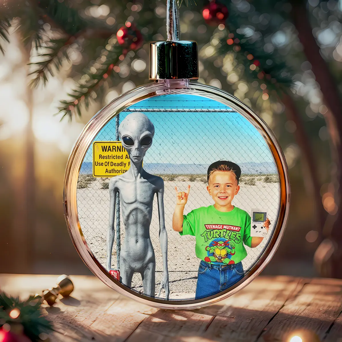 Personalized 1990s Area 51 Alien Ornament | Custom Face in Funny Retro Vacation Pic, 90s Kitsch Christmas Gift 2 Personalized 1990s Area 51 Alien Ornament Custom Face in Funny Retro Vacation Pic, 90s Kitsch Christmas Gift