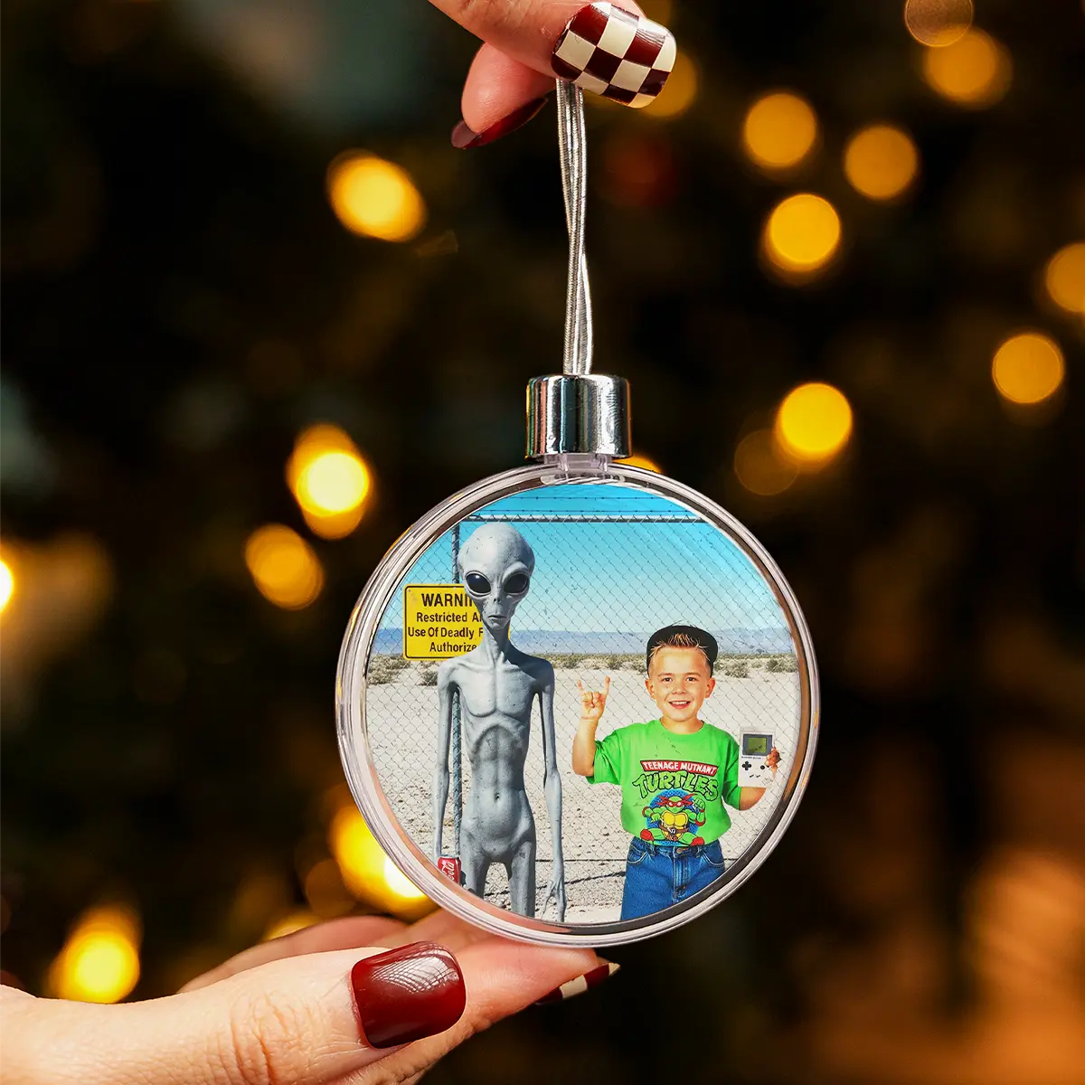 Personalized 1990s Area 51 Alien Ornament | Custom Face in Funny Retro Vacation Pic, 90s Kitsch Christmas Gift 3 Personalized 1990s Area 51 Alien Ornament Custom Face in Funny Retro Vacation Pic, 90s Kitsch Christmas Gift