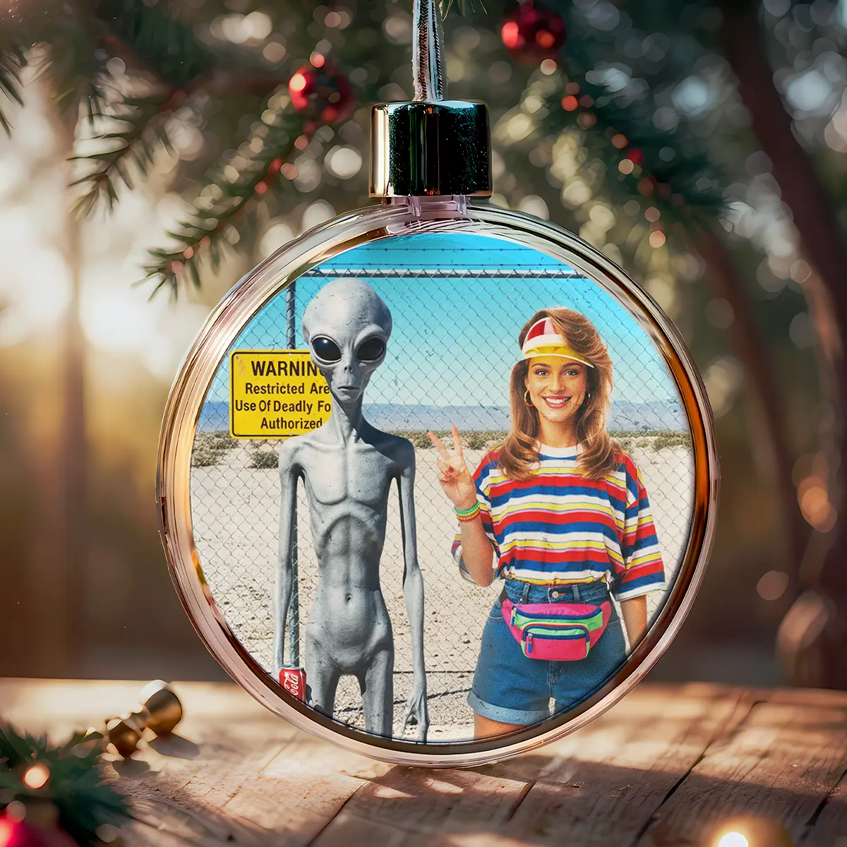 Personalized 1990s Area 51 Alien Ornament | Custom Face in Funny Retro Vacation Pic, 90s Kitsch Christmas Gift 5 Personalized 1990s Area 51 Alien Ornament Custom Face in Funny Retro Vacation Pic, 90s Kitsch Christmas Gift
