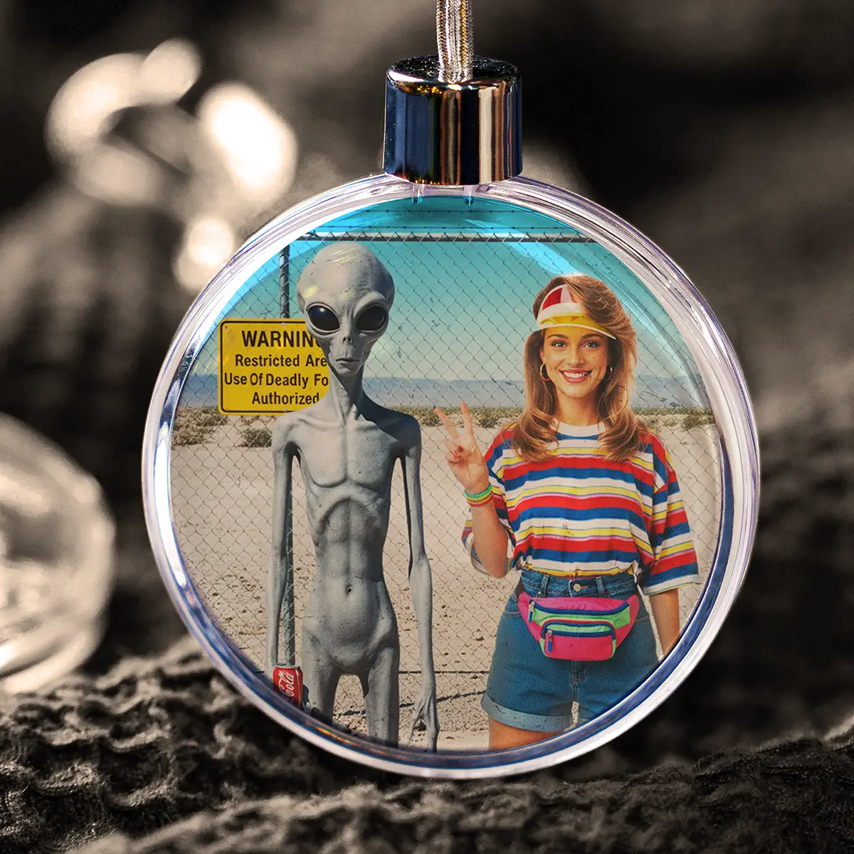 Personalized 1990s Area 51 Alien Ornament | Custom Face in Funny Retro Vacation Pic, 90s Kitsch Christmas Gift 6 Personalized 1990s Area 51 Alien Ornament Custom Face in Funny Retro Vacation Pic, 90s Kitsch Christmas Gift