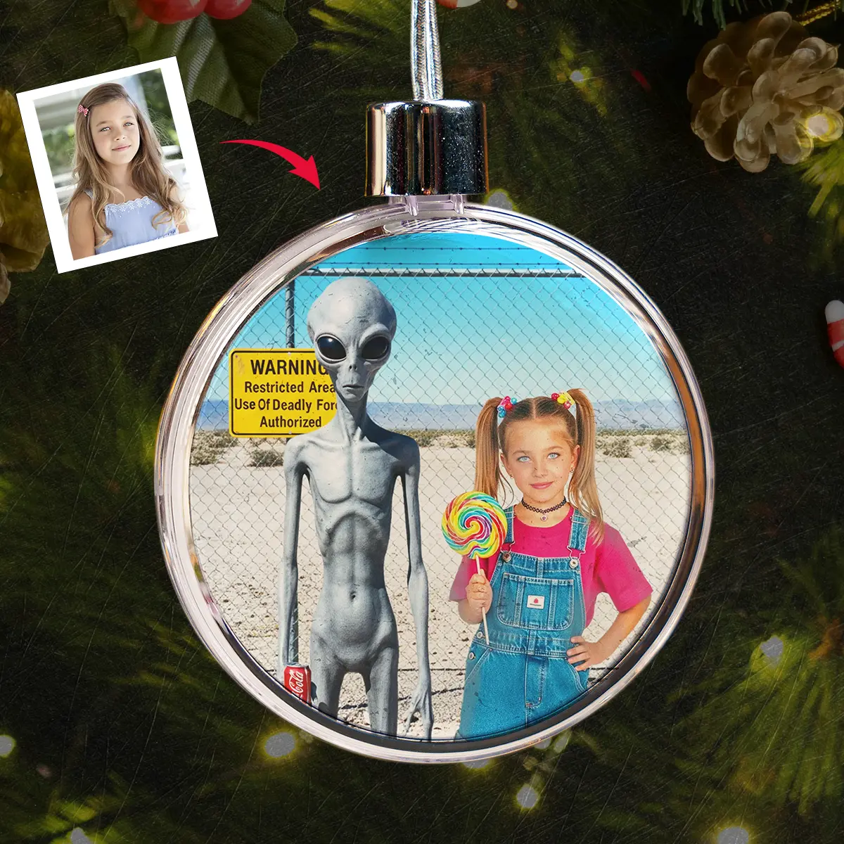 Personalized 1990s Area 51 Alien Ornament | Custom Face in Funny Retro Vacation Pic, 90s Kitsch Christmas Gift 7 Personalized 1990s Area 51 Alien Ornament Custom Face in Funny Retro Vacation Pic, 90s Kitsch Christmas Gift