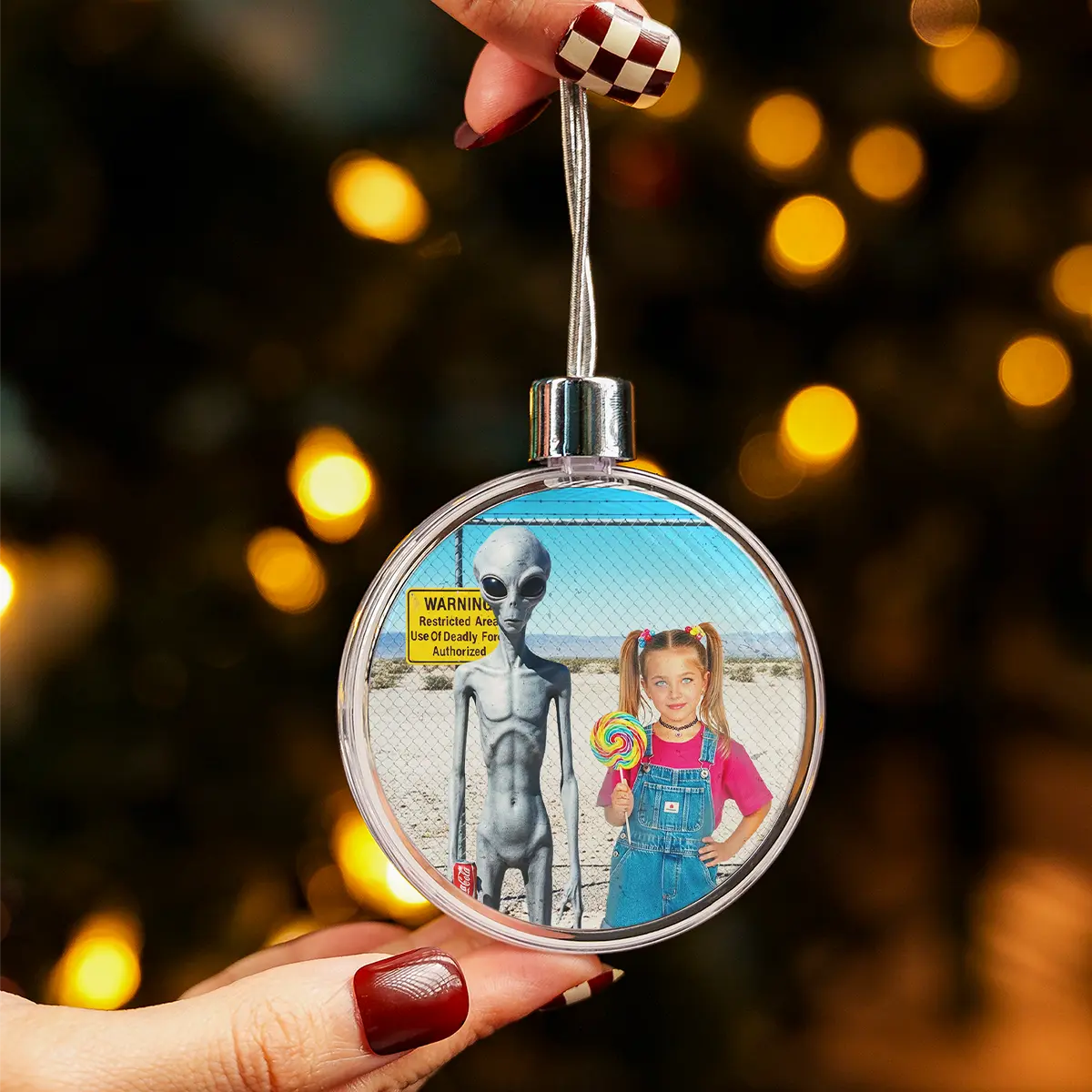 Personalized 1990s Area 51 Alien Ornament | Custom Face in Funny Retro Vacation Pic, 90s Kitsch Christmas Gift 9 Personalized 1990s Area 51 Alien Ornament Custom Face in Funny Retro Vacation Pic, 90s Kitsch Christmas Gift