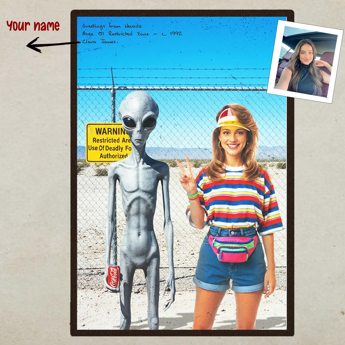 Personalized 1990s Area 51 Alien Poster | Custom Face in Funny Retro Vacation Pic, 90s Kitsch Art Decor 1 Personalized 1990s Area 51 Alien Poster Custom Face in Funny Retro Vacation Pic, 90s Kitsch Art Decor