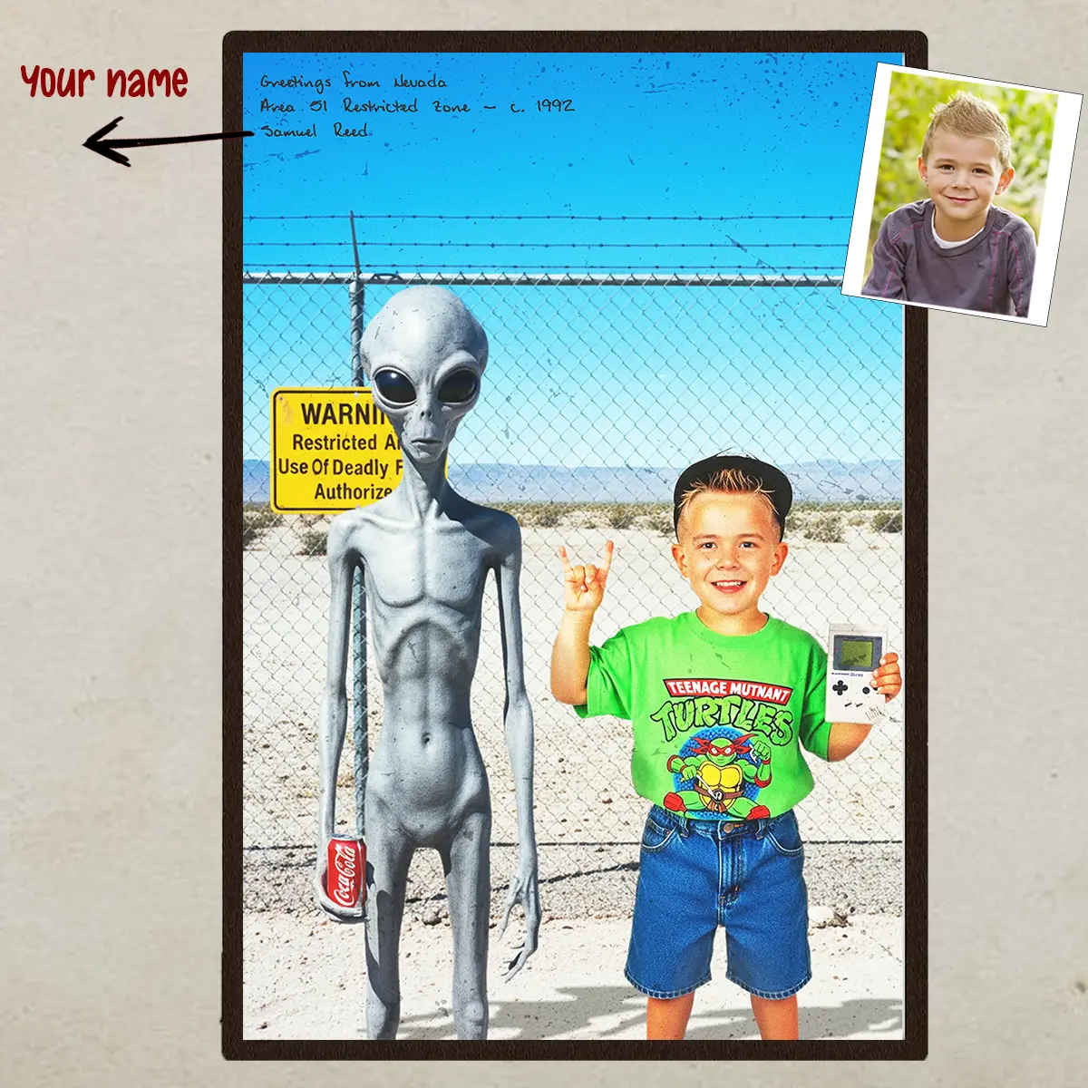 Personalized 1990s Area 51 Alien Poster | Custom Face in Funny Retro Vacation Pic, 90s Kitsch Art Decor 11 Personalized 1990s Area 51 Alien Poster Custom Face in Funny Retro Vacation Pic, 90s Kitsch Art Decor