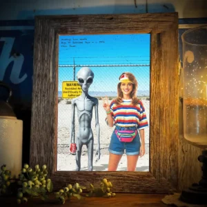 Personalized 1990s Area 51 Alien Poster Custom Face in Funny Retro Vacation Pic, 90s Kitsch Art Decor