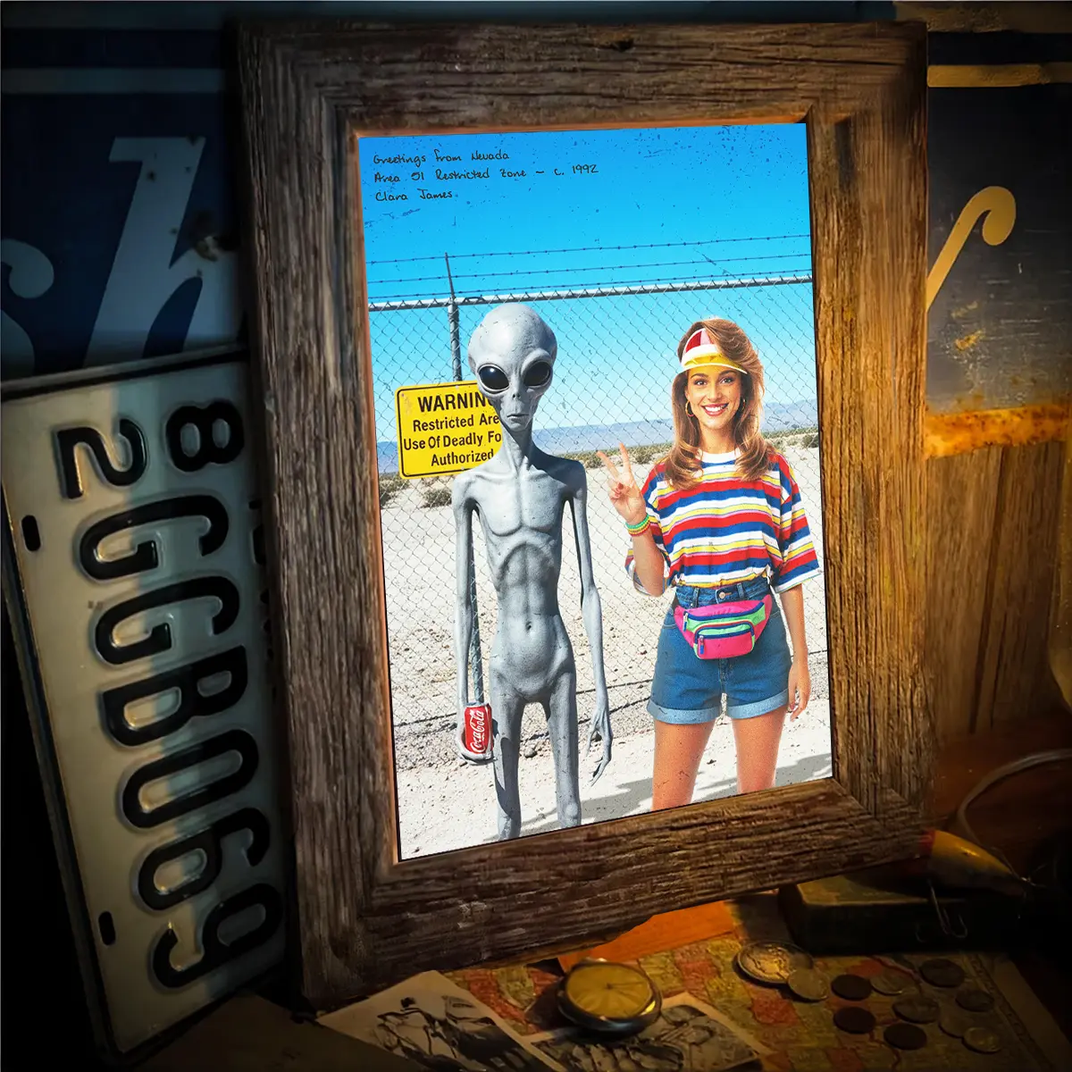 Personalized 1990s Area 51 Alien Poster | Custom Face in Funny Retro Vacation Pic, 90s Kitsch Art Decor 3 Personalized 1990s Area 51 Alien Poster Custom Face in Funny Retro Vacation Pic, 90s Kitsch Art Decor