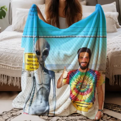 15+ Best Alien Christmas Gifts for a "Weird Little Christmas" 4 Personalized 1990s Area 51 Alien Sherpa Blanket Custom Face in Funny Retro Vacation Pic, 90s Kitsch Cozy