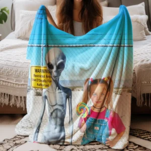 Personalized 1990s Area 51 Alien Sherpa Blanket Custom Face in Funny Retro Vacation Pic, 90s Kitsch Cozy