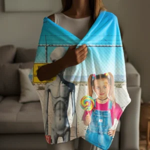 Personalized 1990s Area 51 Alien Sherpa Blanket Custom Face in Funny Retro Vacation Pic, 90s Kitsch Cozy