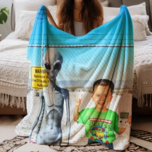 Personalized 1990s Area 51 Alien Sherpa Blanket Custom Face in Funny Retro Vacation Pic, 90s Kitsch Cozy