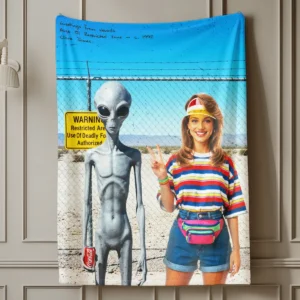 Personalized 1990s Area 51 Alien Sherpa Blanket Custom Face in Funny Retro Vacation Pic, 90s Kitsch Cozy