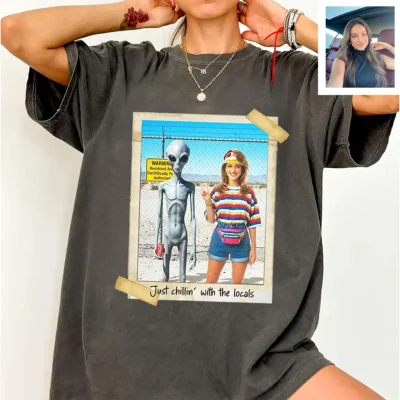 Personalized 1990s Area 51 Alien Shirt Custom Face in Funny Retro Vacation Pic, 90s Kitsch Tee