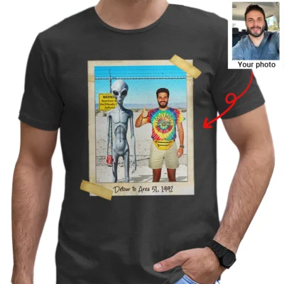 Personalized 1990s Area 51 Alien Shirt Custom Face in Funny Retro Vacation Pic, 90s Kitsch Tee