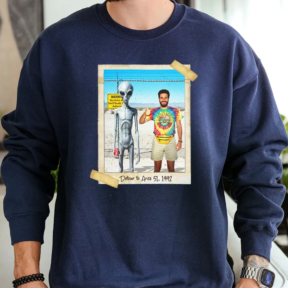 Personalized 1990s Area 51 Alien Sweatshirt | Custom Face in Retro Funny Vacation Pic, 90s Kitsch Pullover 2 Personalized 1990s Area 51 Alien Sweatshirt Custom Face in Retro Funny Vacation Pic