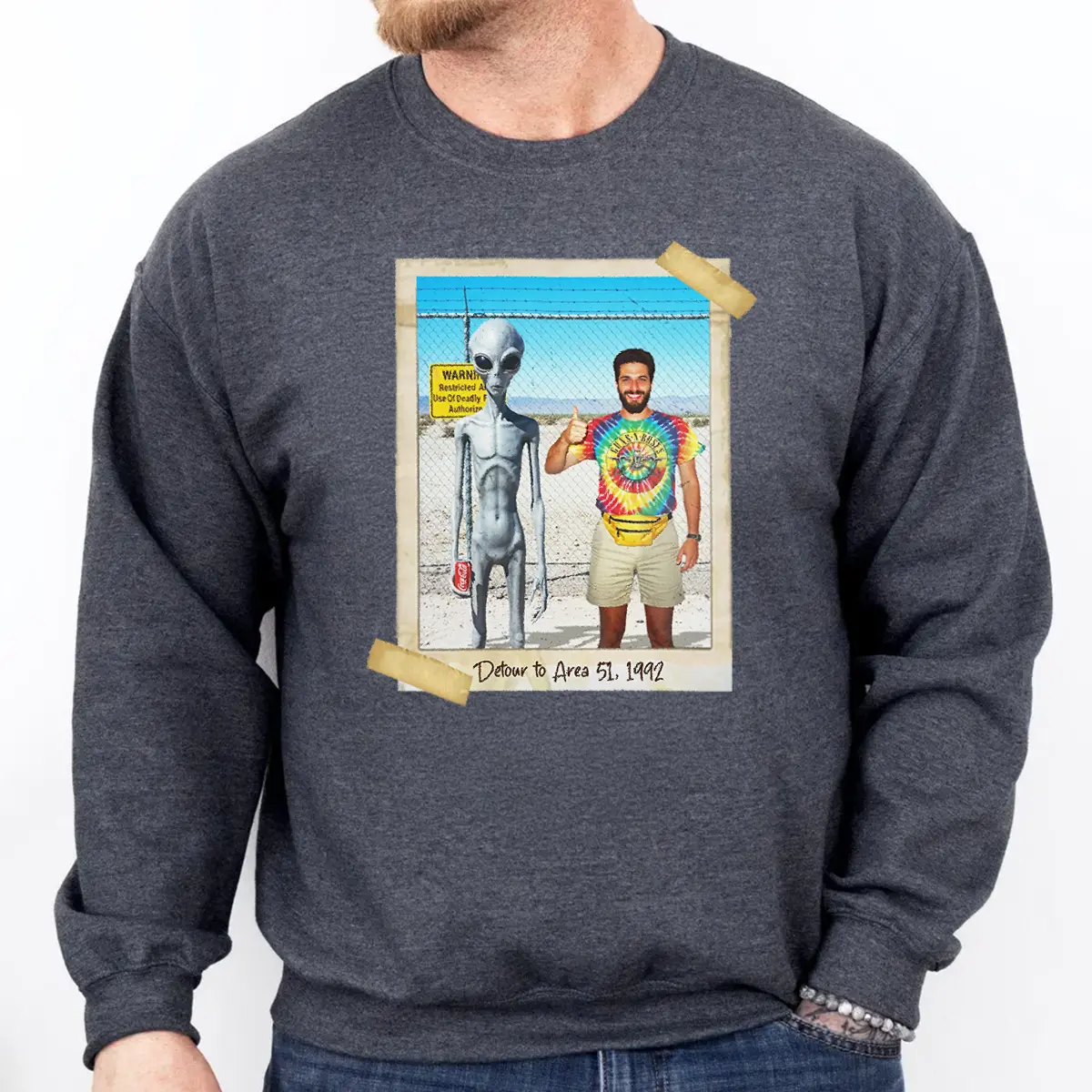Personalized 1990s Area 51 Alien Sweatshirt | Custom Face in Retro Funny Vacation Pic, 90s Kitsch Pullover 3 Personalized 1990s Area 51 Alien Sweatshirt Custom Face in Retro Funny Vacation Pic