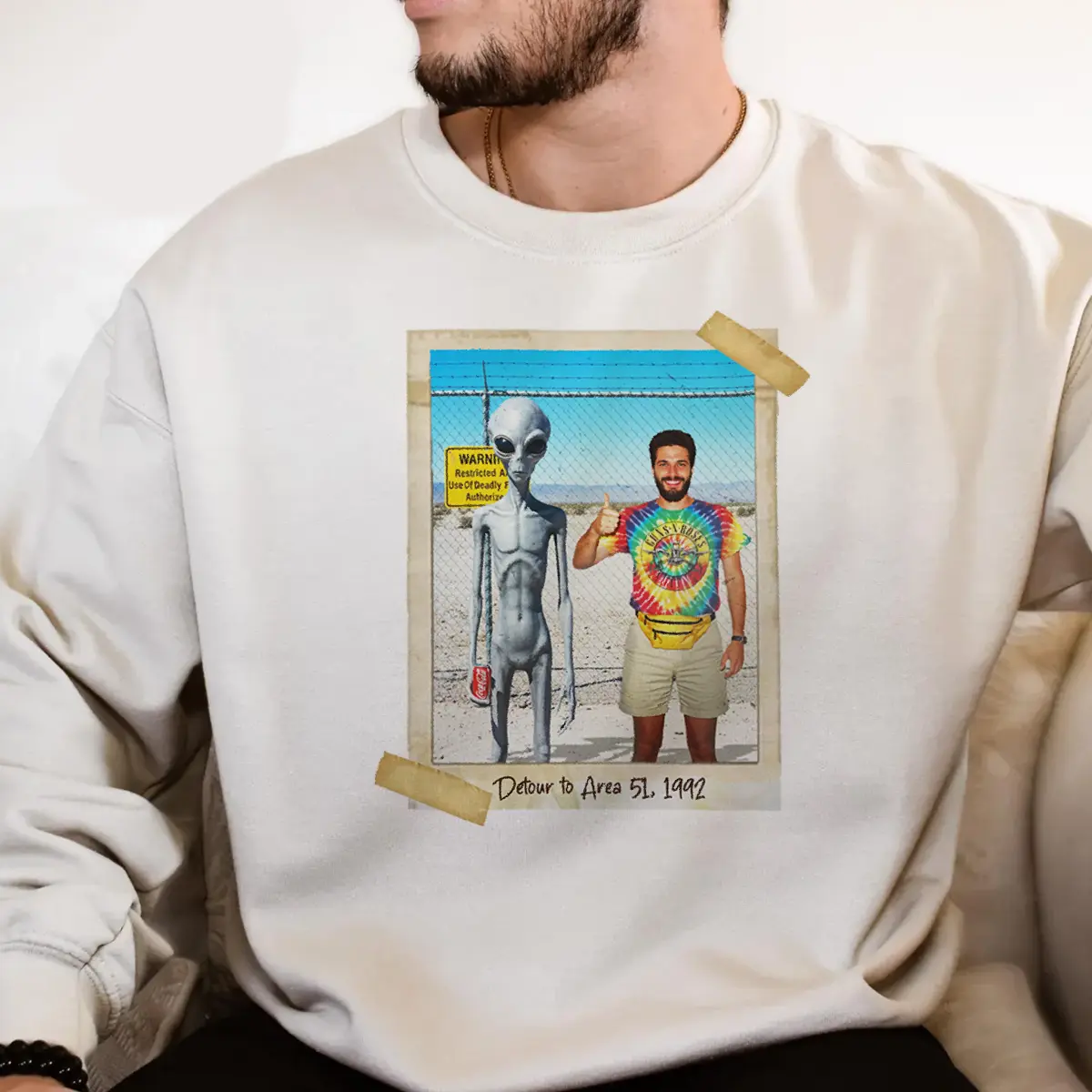 Personalized 1990s Area 51 Alien Sweatshirt | Custom Face in Retro Funny Vacation Pic, 90s Kitsch Pullover 4 Personalized 1990s Area 51 Alien Sweatshirt Custom Face in Retro Funny Vacation Pic