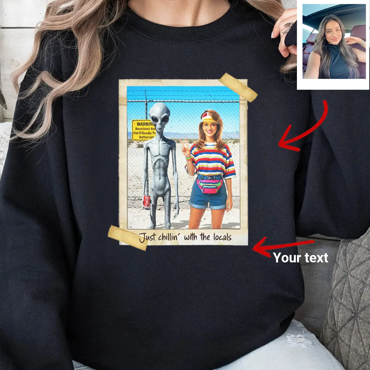 Personalized 1990s Area 51 Alien Sweatshirt | Custom Face in Retro Funny Vacation Pic, 90s Kitsch Pullover 7 Personalized 1990s Area 51 Alien Sweatshirt Custom Face in Retro Funny Vacation Pic