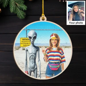 Personalized 1990s Area 51 Alien Wooden Ornament Custom Face in Funny Retro Vacation Pic, 90s Kitsch Christmas Gift