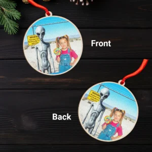 Personalized 1990s Area 51 Alien Wooden Ornament Custom Face in Funny Retro Vacation Pic, 90s Kitsch Christmas Gift