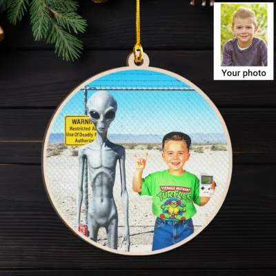 Personalized 1990s Area 51 Alien Wooden Ornament Custom Face in Funny Retro Vacation Pic, 90s Kitsch Christmas Gift