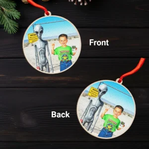 Personalized 1990s Area 51 Alien Wooden Ornament Custom Face in Funny Retro Vacation Pic, 90s Kitsch Christmas Gift