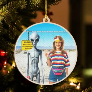 Personalized 1990s Area 51 Alien Wooden Ornament Custom Face in Funny Retro Vacation Pic, 90s Kitsch Christmas Gift